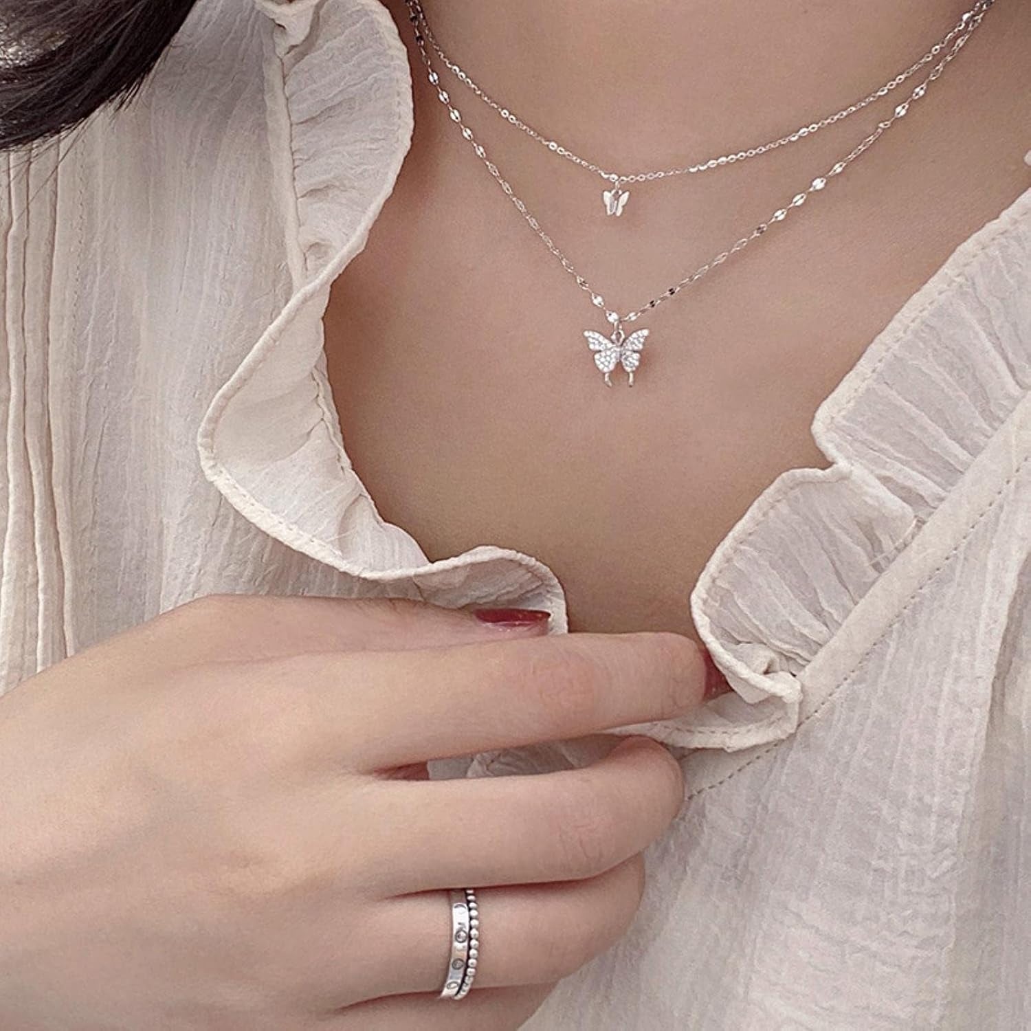 925 Sterling Silver Butterfly Necklace for Women Double Layer Clavicle Chain Shiny CZ Necklace Dainty Gifts Party Jewelry Gift