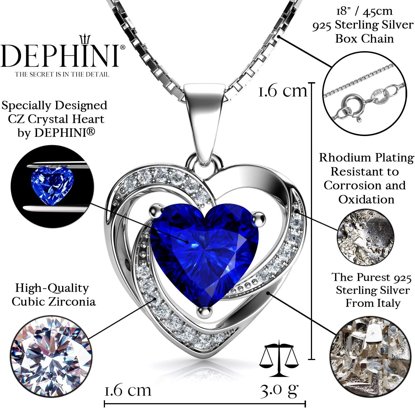 - Blue Heart Necklace - 925 Silver Heart Pendant with White CZ & Blue for Women