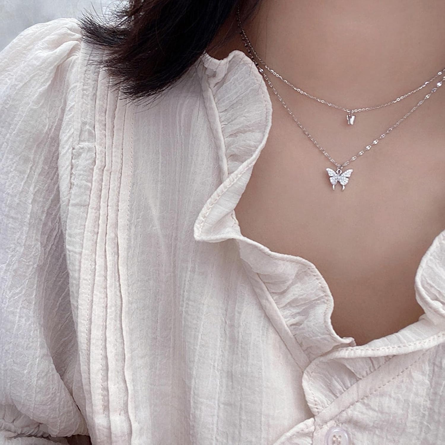 925 Sterling Silver Butterfly Necklace for Women Double Layer Clavicle Chain Shiny CZ Necklace Dainty Gifts Party Jewelry Gift