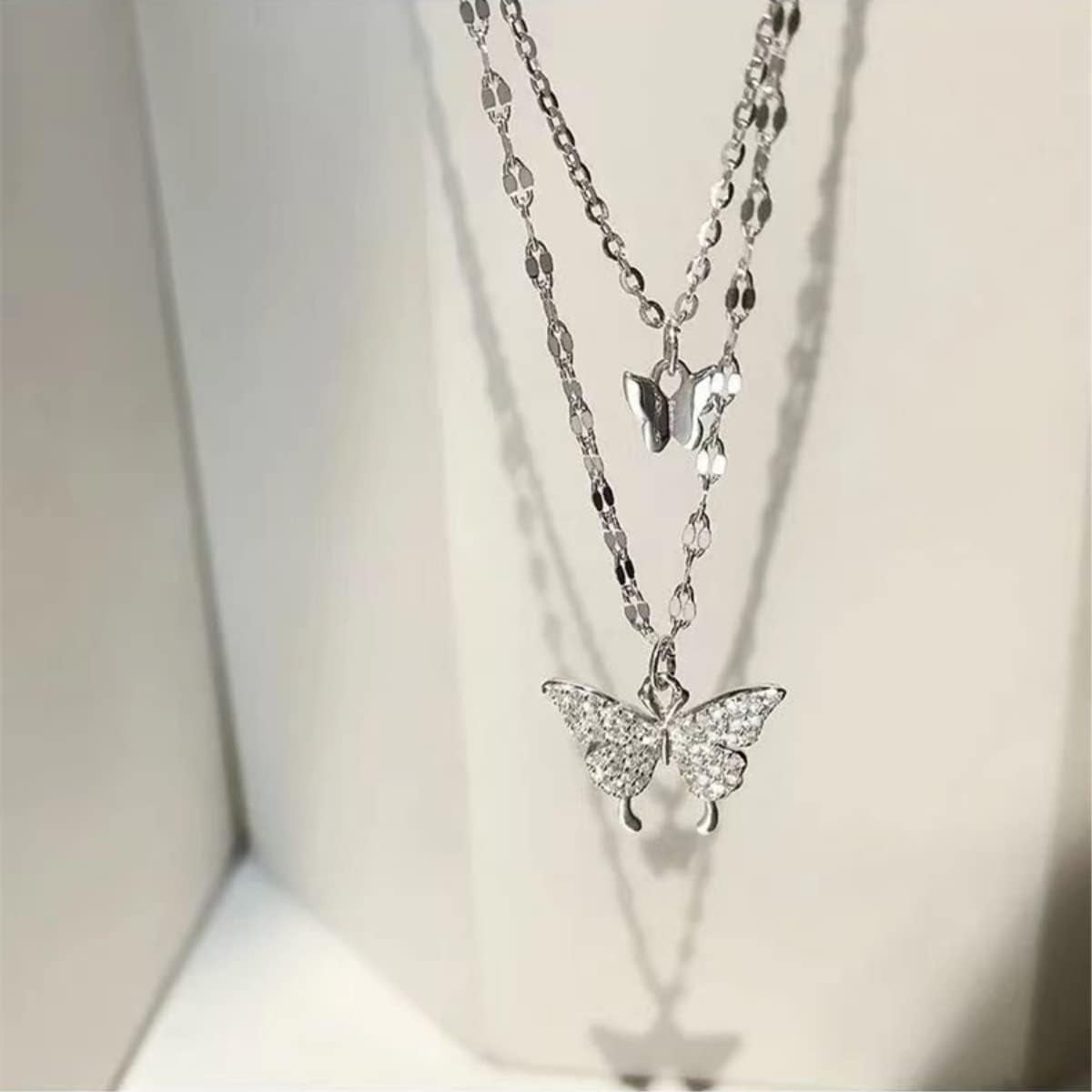 925 Sterling Silver Butterfly Necklace for Women Double Layer Clavicle Chain Shiny CZ Necklace Dainty Gifts Party Jewelry Gift