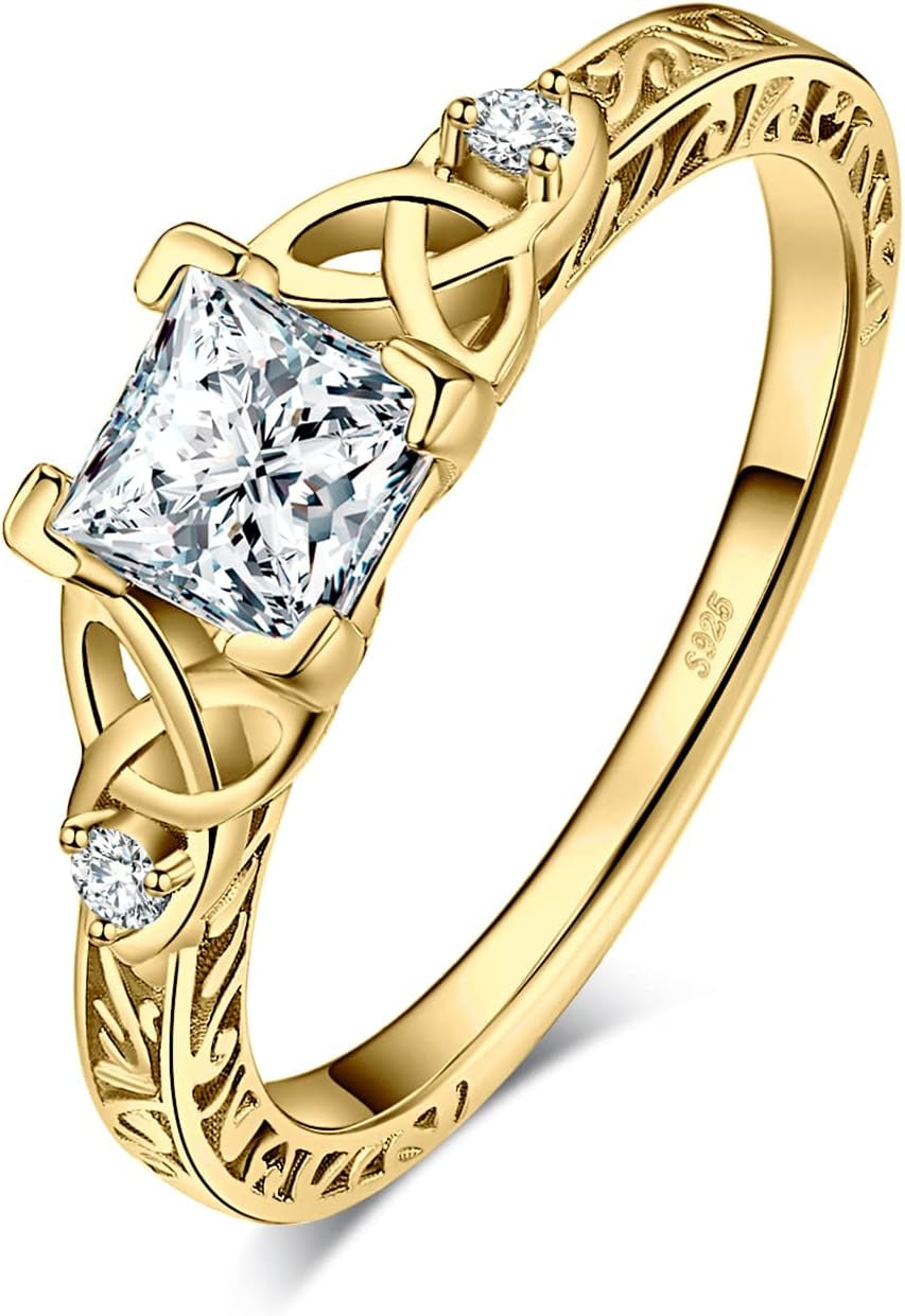 Vintage Celtic Knot Engagement Rings for Women, 14K Gold Plated 925 Sterling Silver Cubic Zirconia Promise Rings, Anniversary Princess Cut Solitaire Simulated Diamond Ring Jewellery