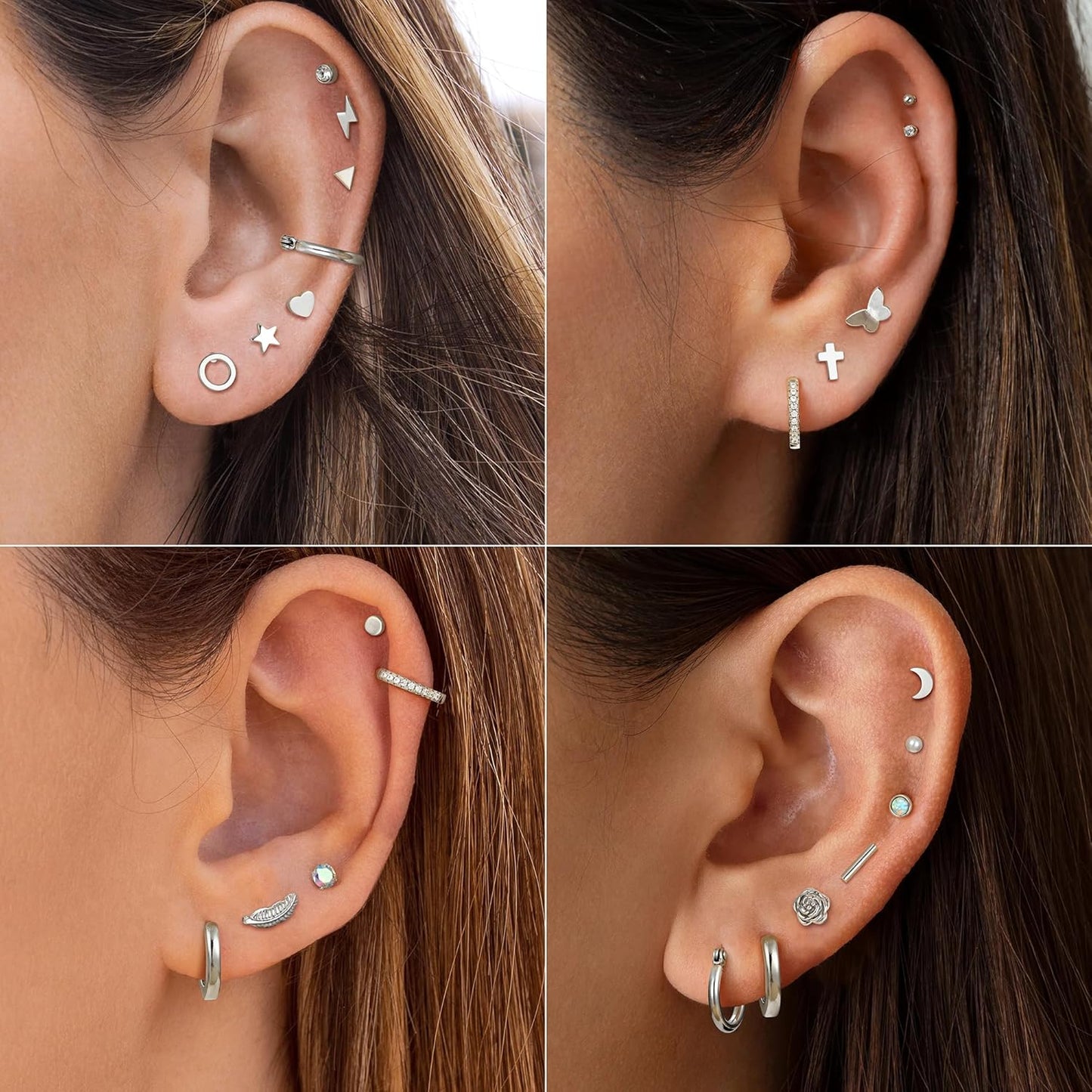 21 Pairs Silver Stud Earrings Set for Women Stainless Steel Cartilage Helix Small Tiny Hoop Earrings Star Moon Opal Cross Heart 20G Geometric Stud Earrings Piercing Jewellery