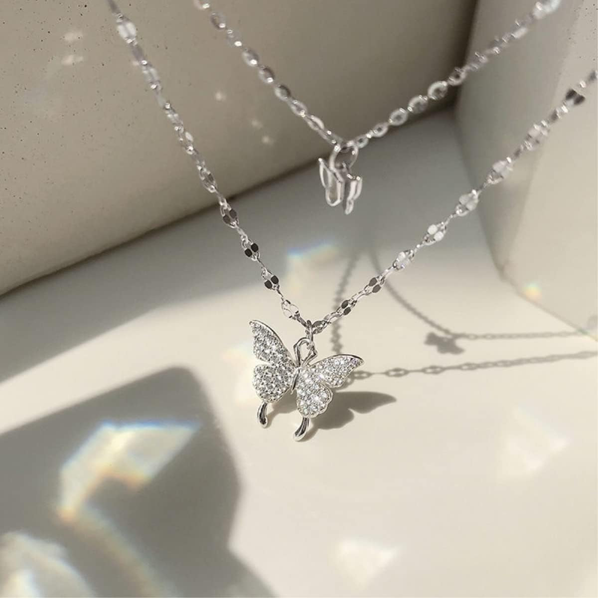 925 Sterling Silver Butterfly Necklace for Women Double Layer Clavicle Chain Shiny CZ Necklace Dainty Gifts Party Jewelry Gift