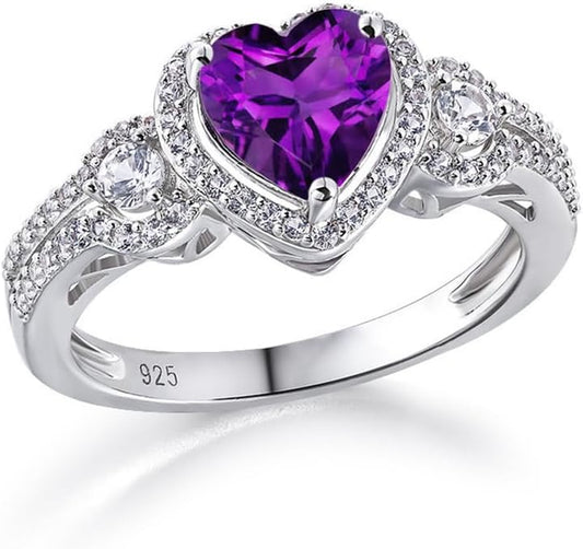 1.3Cttw Amethyst Engagement Ring for Her, 925 Sterling Silver Heart Natural Amethyst Wedding Ring with Moissanite Accents for Women, for Engagement Wedding Size I-Z