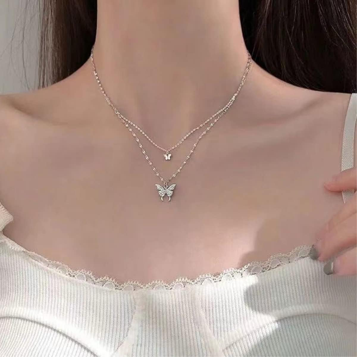 925 Sterling Silver Butterfly Necklace for Women Double Layer Clavicle Chain Shiny CZ Necklace Dainty Gifts Party Jewelry Gift