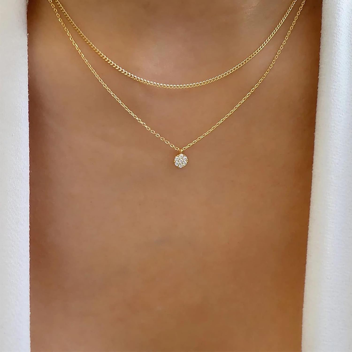 Layered Cz Crystal Pendant Necklace Layered Gold Necklace round Solitaire Pendant Necklace Sparkling Crystal Necklace Bridal Cz Necklace Chain Jewelry for Women and Girls Gifts