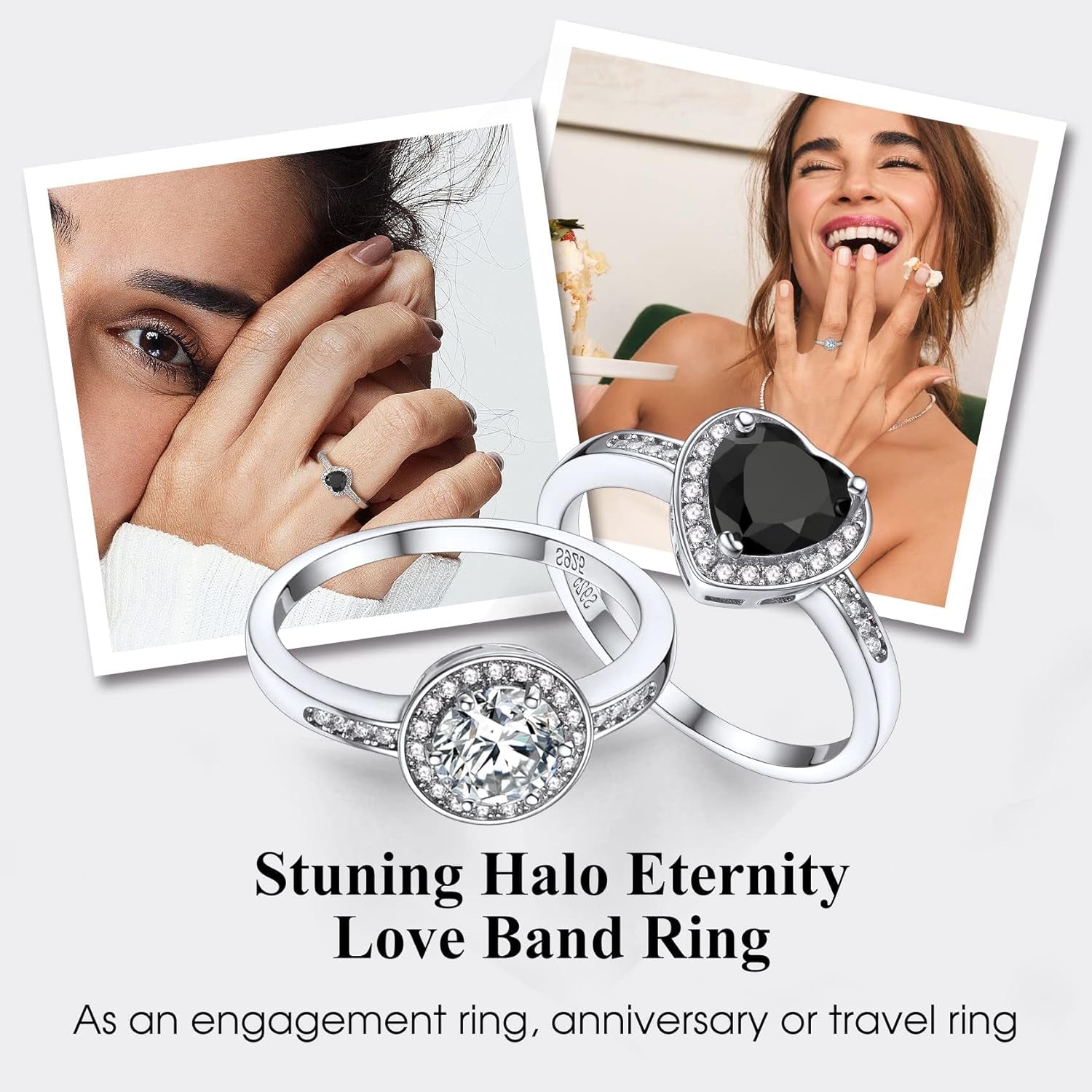 Stunning White/Black Solitaire Diamond Ring for Women Girls, Sterling Silver Band Ring Halo Cubic Zirconia Ring, Love Eternity Ring for Promise Engagment Anniversary Wedding