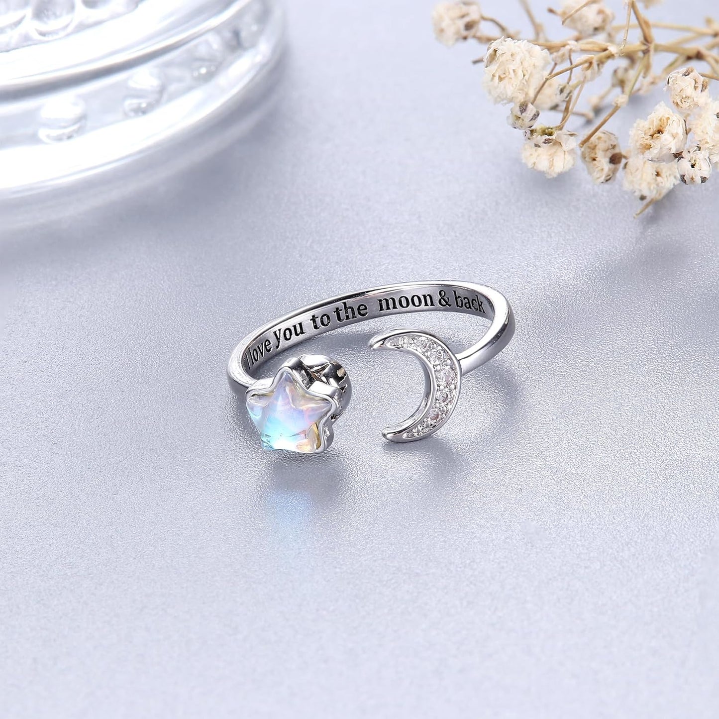 Fidget Ring for Women Kids Girls Anxiety Rings Open Adjustable Silver Sunflower Opal Moonstone Star Moon Snow Lotus Spinner Mood Rings Knuckle Rings Jewellery