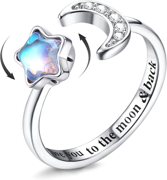 Fidget Ring for Women Kids Girls Anxiety Rings Open Adjustable Silver Sunflower Opal Moonstone Star Moon Snow Lotus Spinner Mood Rings Knuckle Rings Jewellery