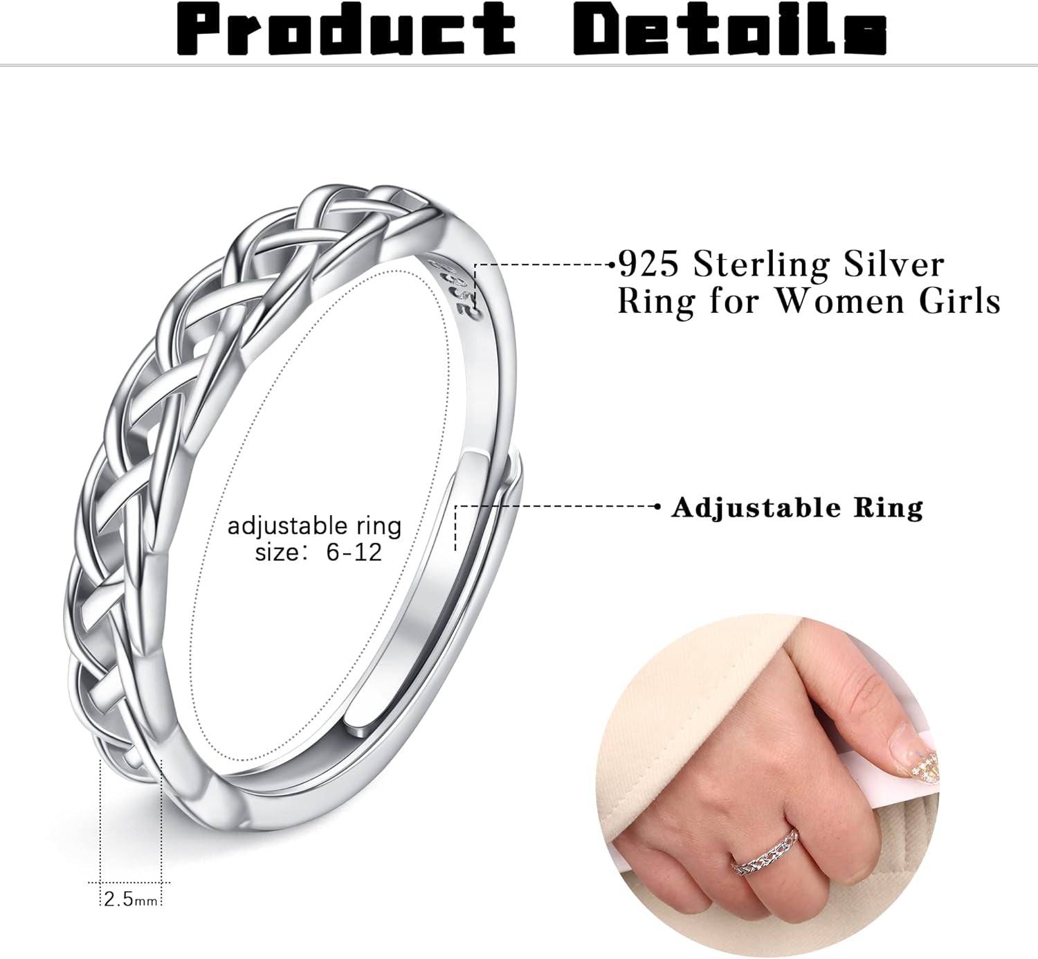 Adjustable 925 Sterling Silver Ring for Women Girls Eternity Celtic Knot Thumb Ring Wedding Promise Ring Engagement Ring Mum Ring Anniversary Jewellery Gifts with Box