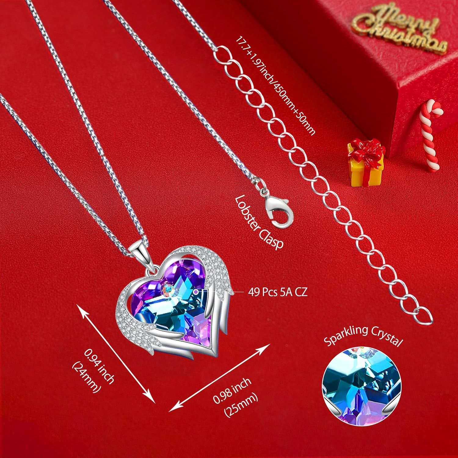 Angel Wing Heart Necklaces for Women 18K White Rose Gold Plated Pendant Austria Crystal 5A Cubic Zirconia Necklace Valentines Mother'S Day Birthday Jewellery Gifts for Mom Girlfriend Wife