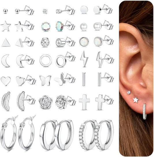 21 Pairs Silver Stud Earrings Set for Women Stainless Steel Cartilage Helix Small Tiny Hoop Earrings Star Moon Opal Cross Heart 20G Geometric Stud Earrings Piercing Jewellery