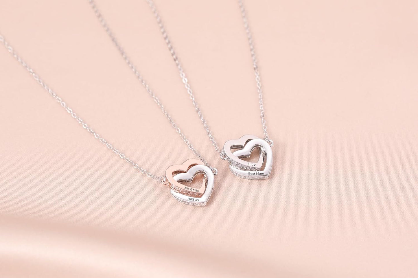 Personalised Engraved Interlocking Double Hearts Crystal Edge Necklace UK Handmade with Gift Box and Card. Birthday Gift for Mother Daughter, Grandmother Sister Bestie