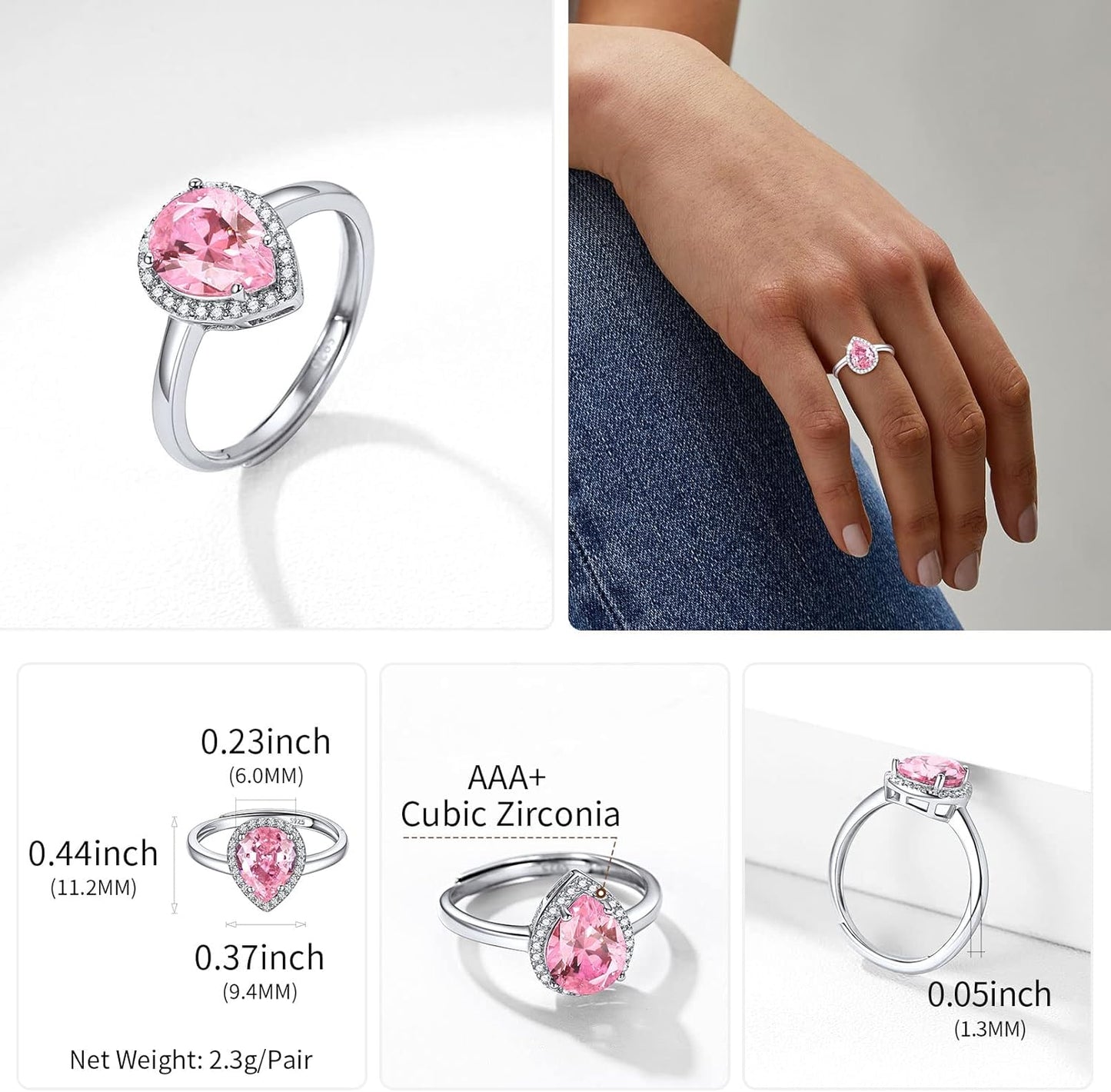 925 Sterling Silver Simulated Birthstone Rings Promise Wedding Adjustable Ring for Women Square/Round/Heart/Teardrop Cut Gemstone Birthday Jewellery(With Gift Box)