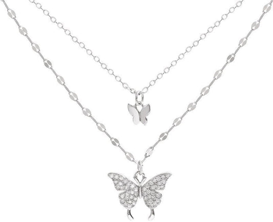 925 Sterling Silver Butterfly Necklace for Women Double Layer Clavicle Chain Shiny CZ Necklace Dainty Gifts Party Jewelry Gift