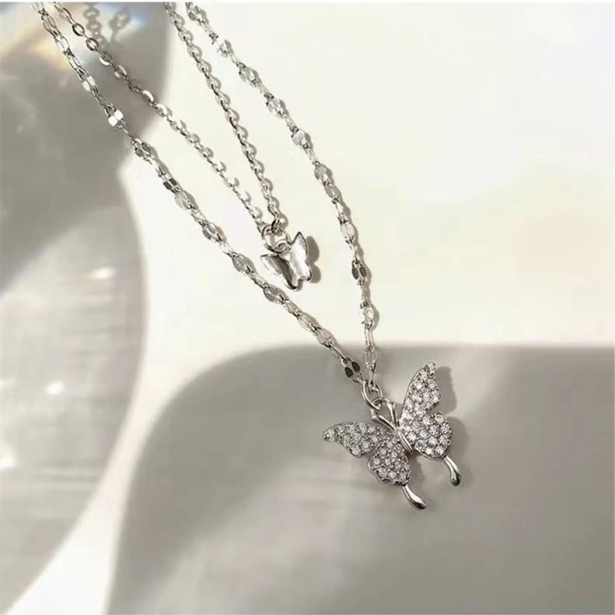 925 Sterling Silver Butterfly Necklace for Women Double Layer Clavicle Chain Shiny CZ Necklace Dainty Gifts Party Jewelry Gift