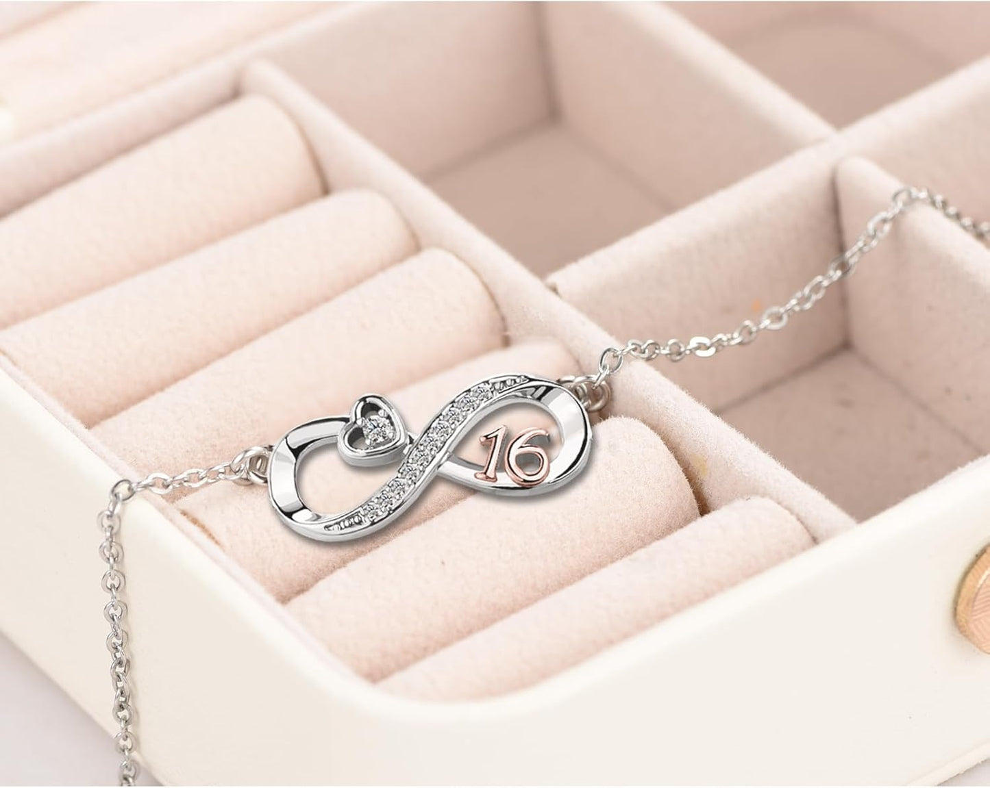 12 13 16 18 21 30 40 50 60 70 Birthday Gifts for Women Girls Dainty Adjustable Love Heart Infinity Rose Gold Plated Clear Crystal Pendant Necklaces