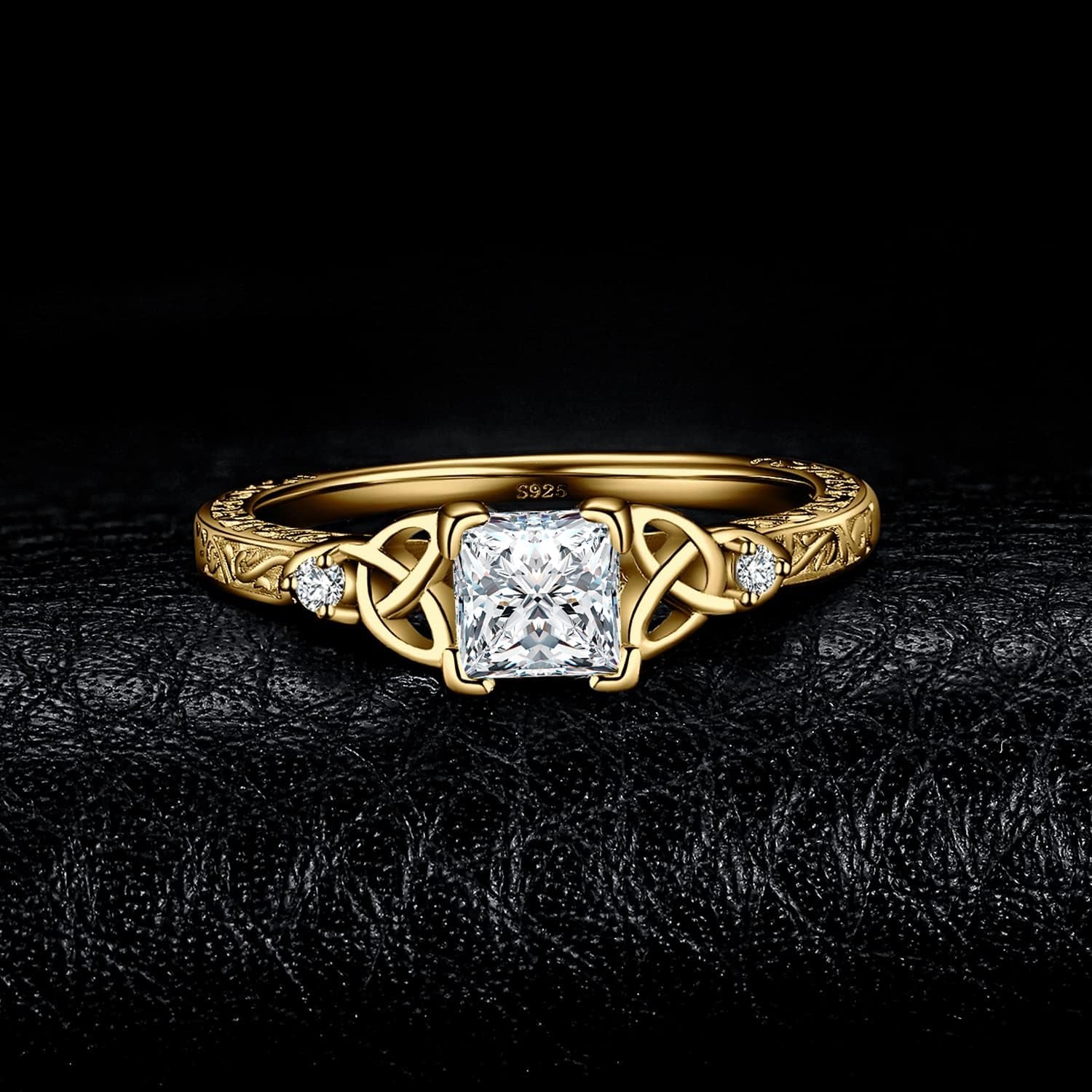 Vintage Celtic Knot Engagement Rings for Women, 14K Gold Plated 925 Sterling Silver Cubic Zirconia Promise Rings, Anniversary Princess Cut Solitaire Simulated Diamond Ring Jewellery