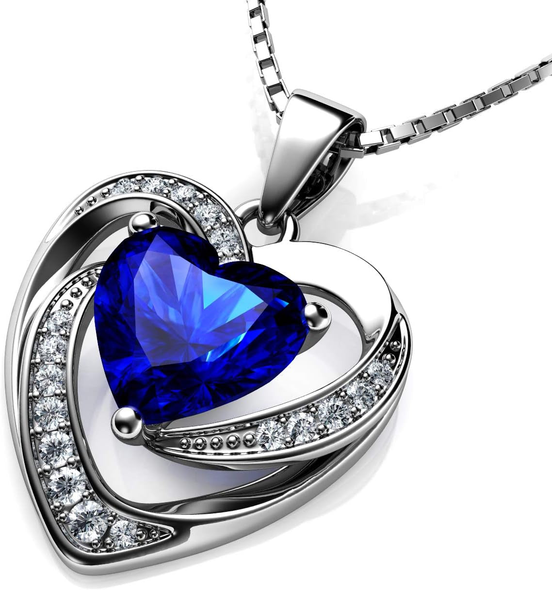 - Blue Heart Necklace - 925 Silver Heart Pendant with White CZ & Blue for Women