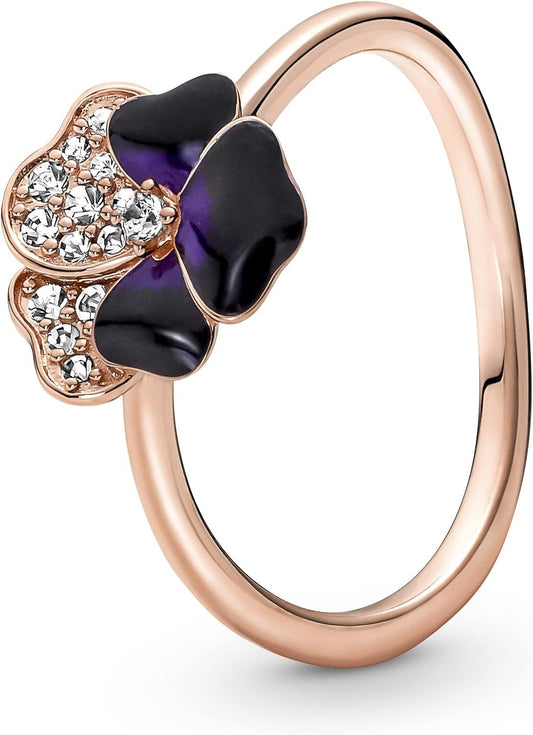 Pansy 14K Rose Gold-Plated Ring with Clear Cubic Zirconia and Shaded Blue and Violet Enamel 180764C01