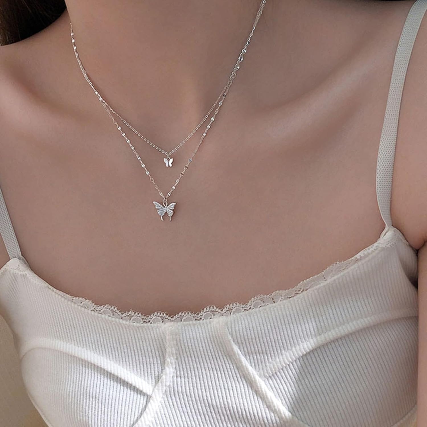 925 Sterling Silver Butterfly Necklace for Women Double Layer Clavicle Chain Shiny CZ Necklace Dainty Gifts Party Jewelry Gift