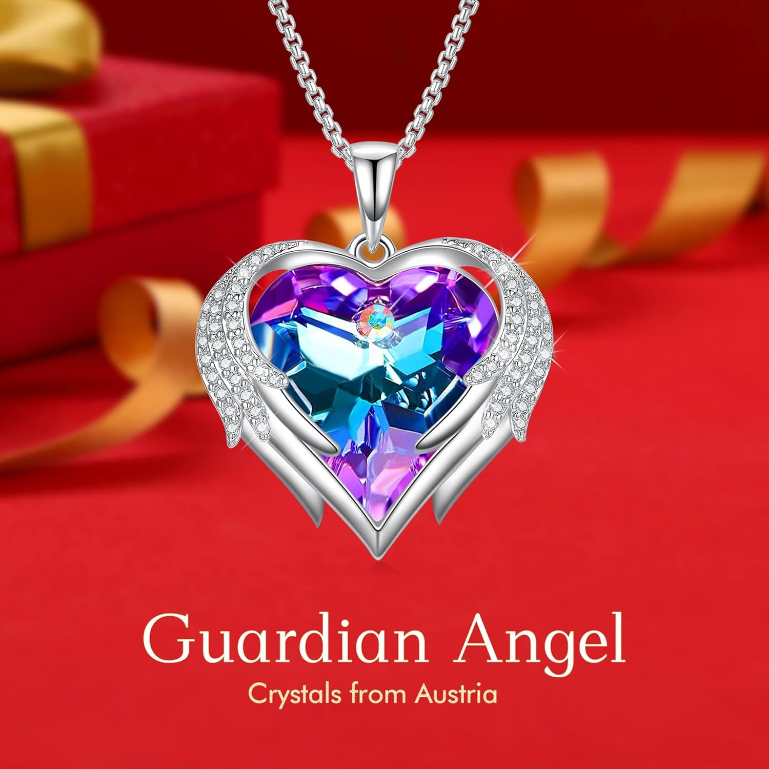 Angel Wing Heart Necklaces for Women 18K White Rose Gold Plated Pendant Austria Crystal 5A Cubic Zirconia Necklace Valentines Mother'S Day Birthday Jewellery Gifts for Mom Girlfriend Wife