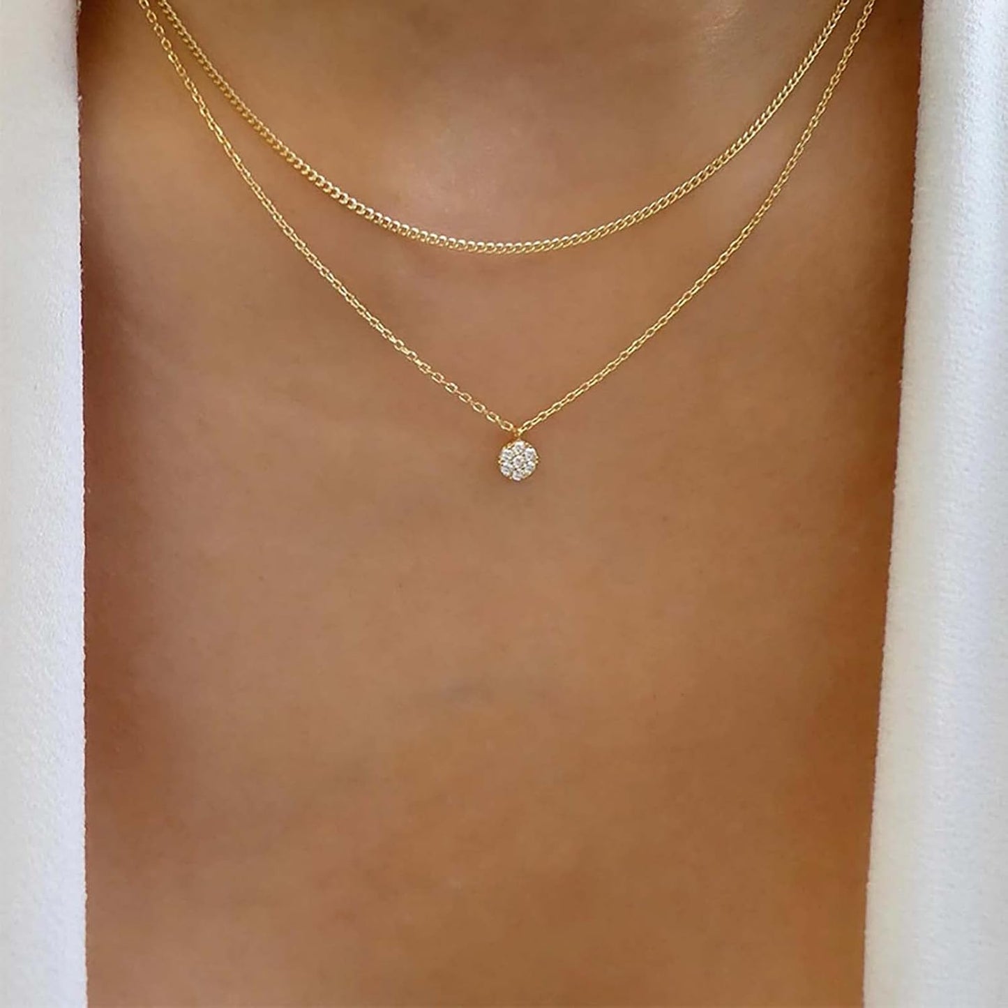 Layered Cz Crystal Pendant Necklace Layered Gold Necklace round Solitaire Pendant Necklace Sparkling Crystal Necklace Bridal Cz Necklace Chain Jewelry for Women and Girls Gifts