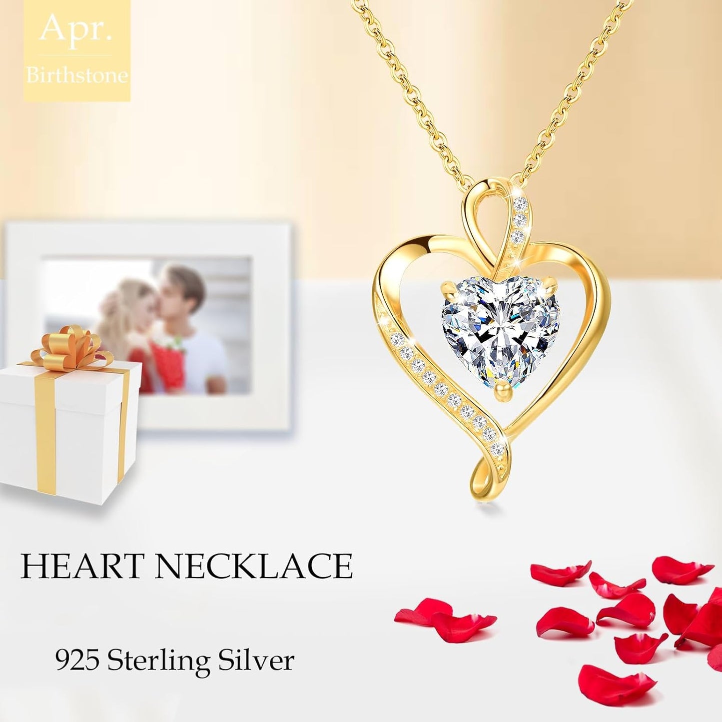 Heart Necklace for Women 925 Sterling Silver Love Cubic Zirconia Pendant Brithstone Necklace Christmas Valentines Birthday Mothers Day Jewellery Gifts for Women Wife Girlfriend Mum Friend