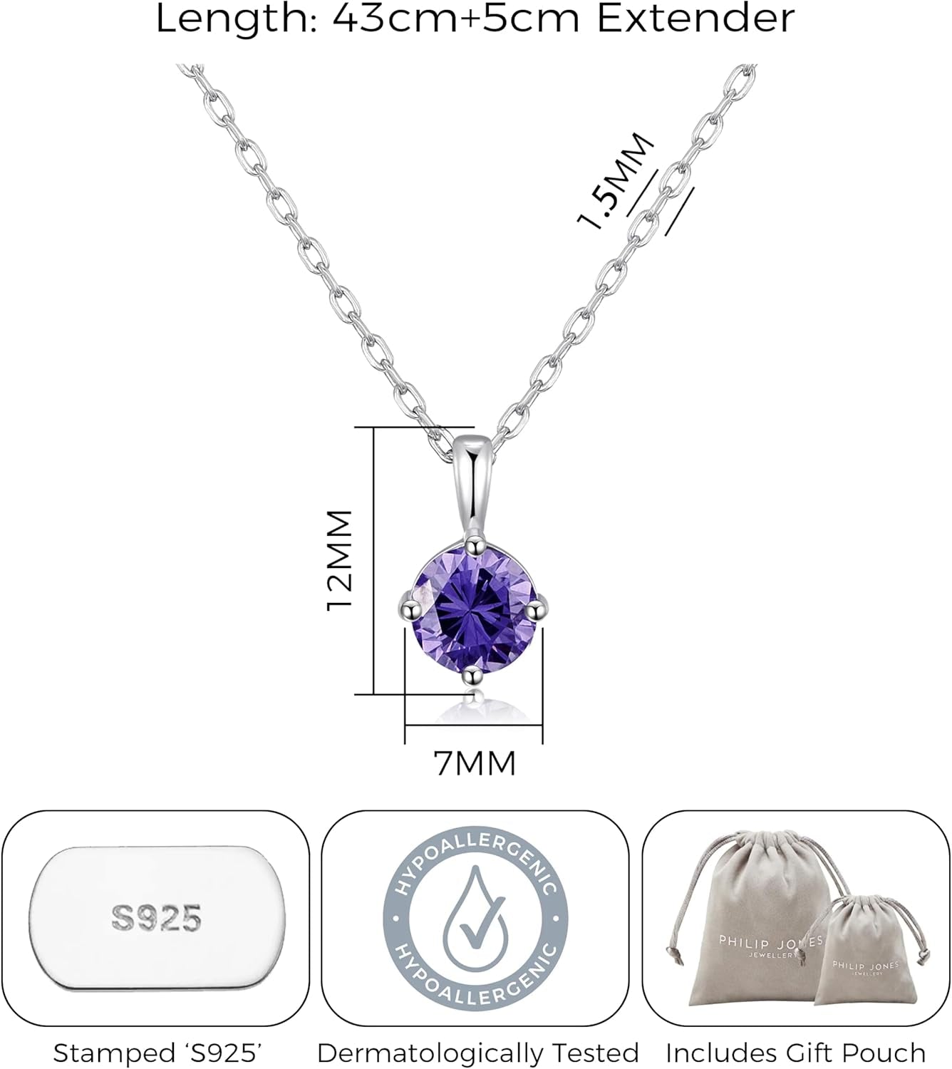 Sterling Silver February (Amethyst) Birthstone Necklace Created with Zircondia® Crystals