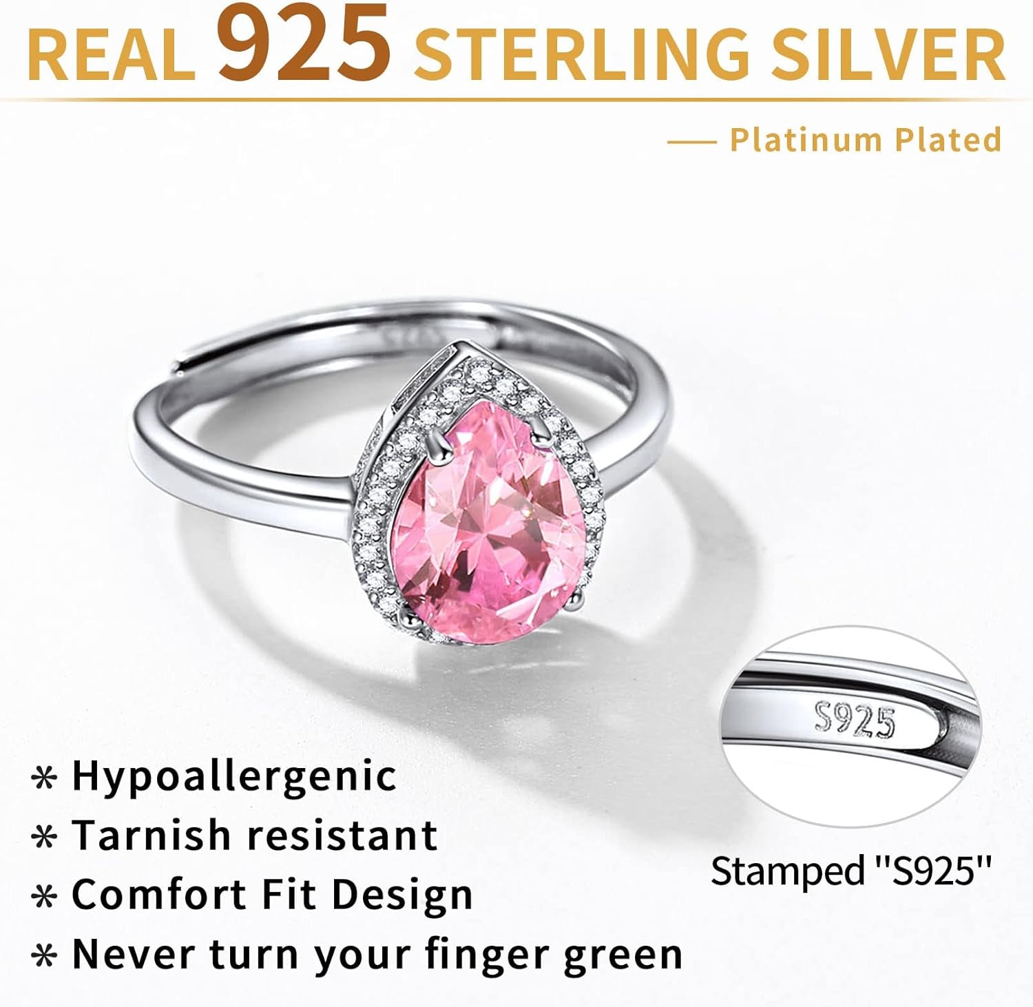 925 Sterling Silver Simulated Birthstone Rings Promise Wedding Adjustable Ring for Women Square/Round/Heart/Teardrop Cut Gemstone Birthday Jewellery(With Gift Box)